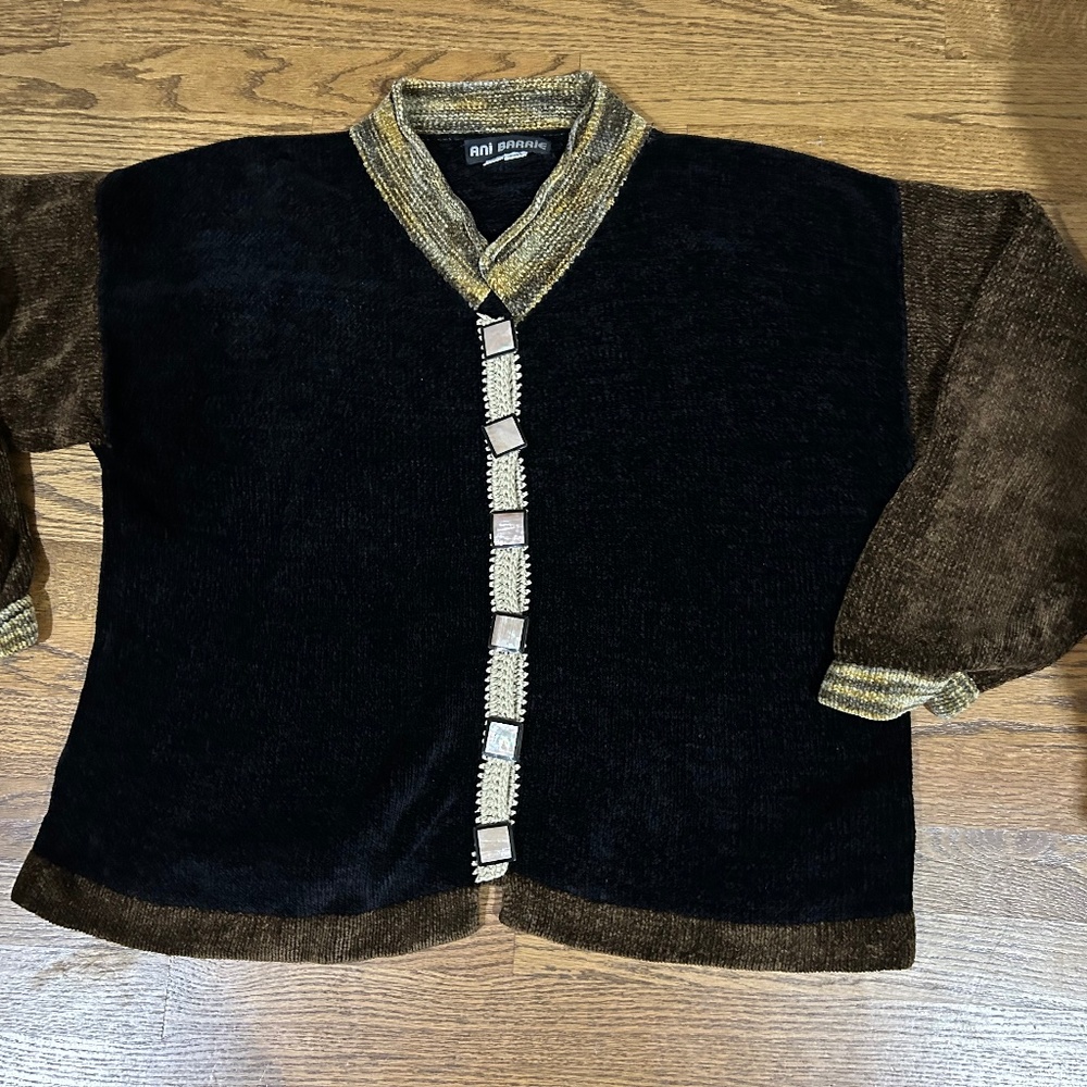 Ani Barrie Black Brown Chenille Button Front Cardigan, L